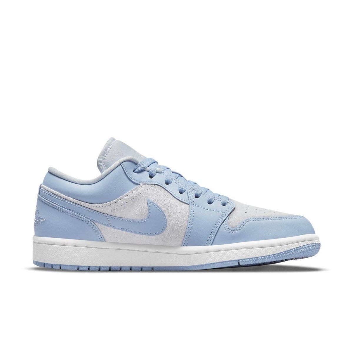 Nike Air Jordan 1 Low Football Grey Aluminum women's sneakers, featuring white and baby blue leather accents.