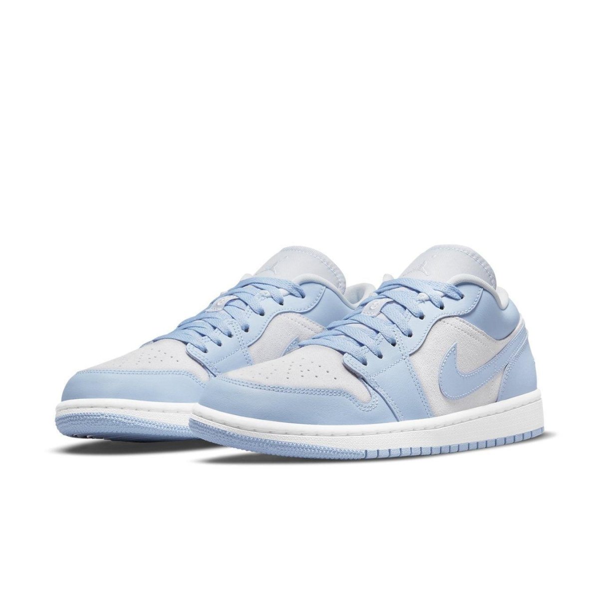 Jordan 1 Low Football Grey Aluminum sneakers in white and blue shades, featuring a sleek design and classic Nike branding.