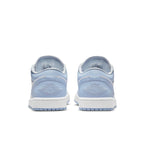 Jordan 1 Low Football Grey Aluminum (W) rear view showcasing light blue leather and Jordan Wings logo.