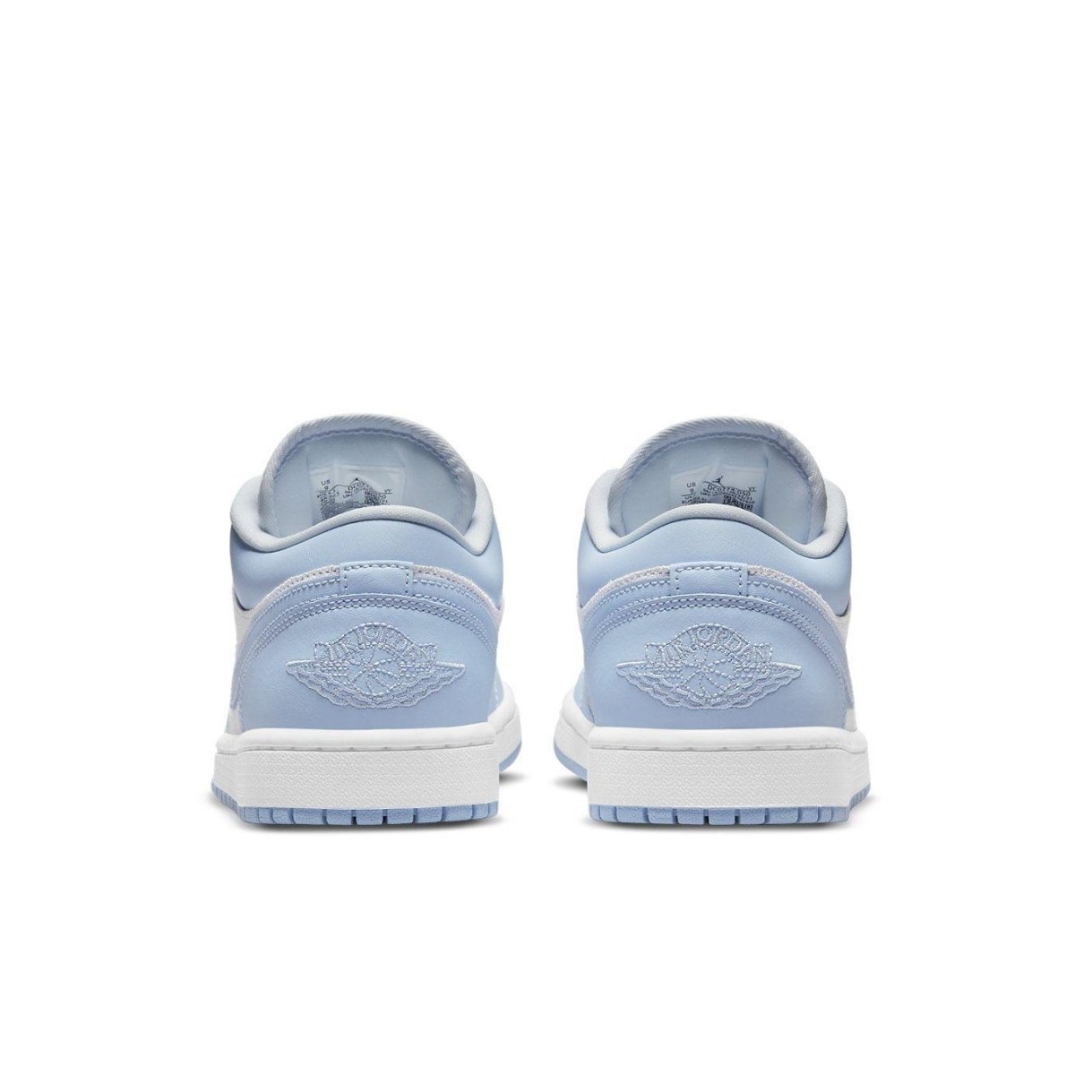 Jordan 1 Low Football Grey Aluminum (W) rear view showcasing light blue leather and Jordan Wings logo.
