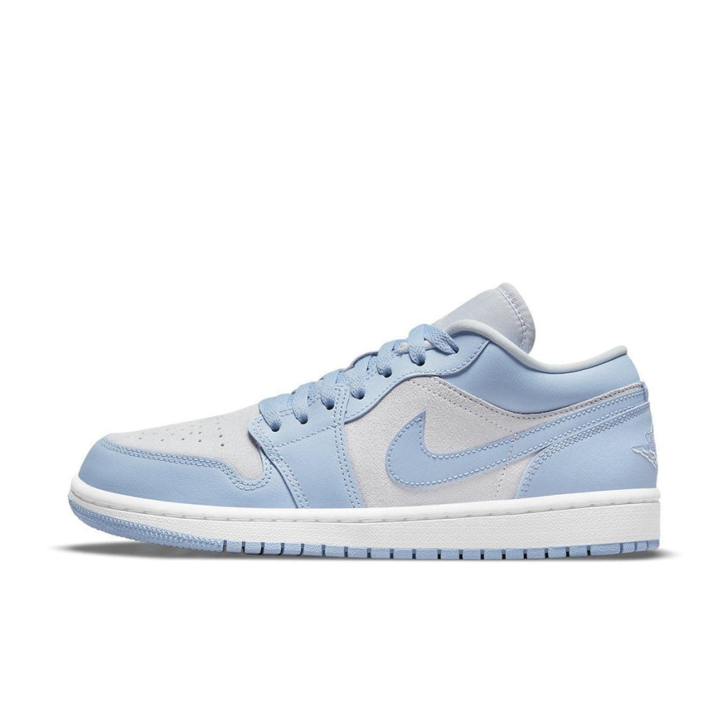 Jordan 1 Low Football Grey Aluminum sneaker in white and sky blue with navy accents, featuring Jumpman logo.