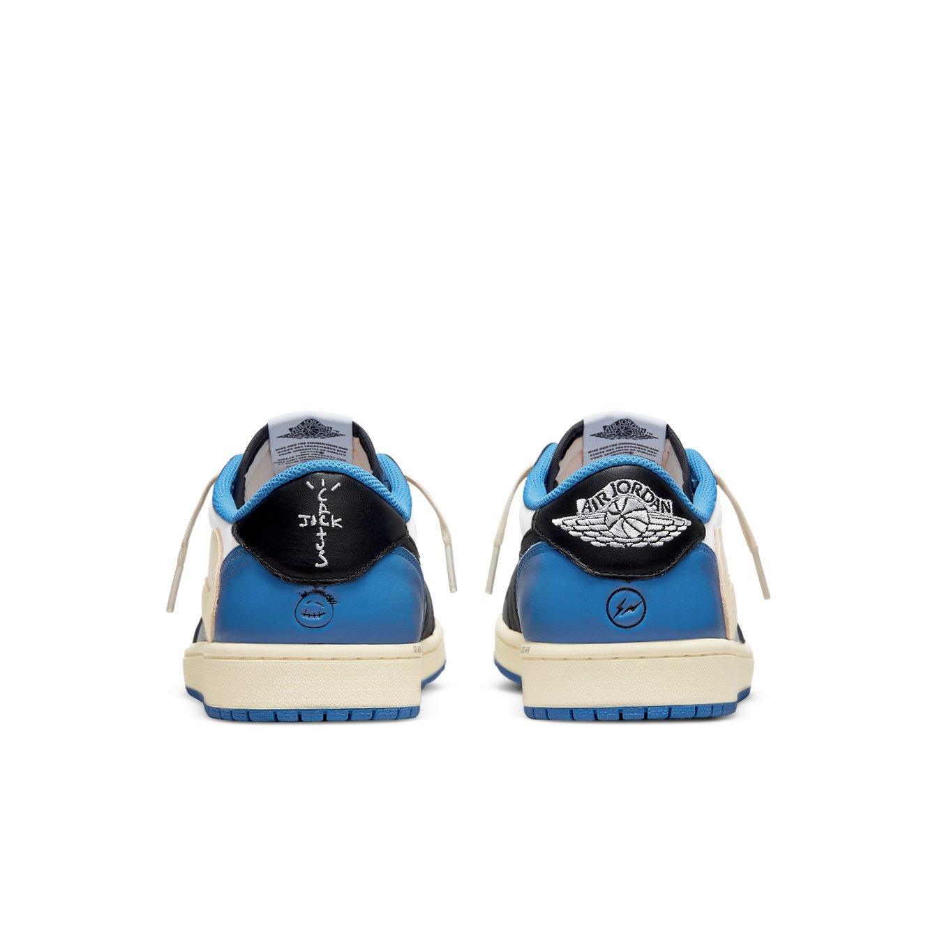 Rear view of Jordan 1 Low Fragment Design x Travis Scott sneakers featuring blue and black colorway.