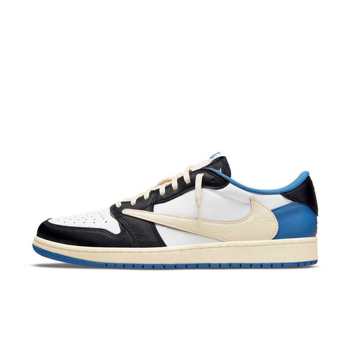 Jordan 1 Low Fragment Design x Travis Scott collaboration in white, black, and royal blue colorway.