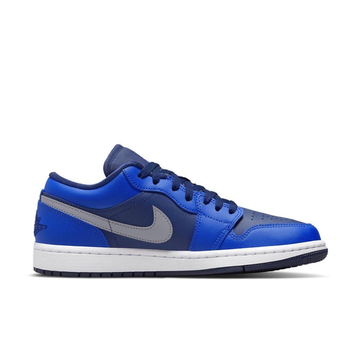 Air Jordan 1 Low Game Royal in Blue Void and Game Royal with gray Swoosh and Wings logo, stylish women's sneakers.