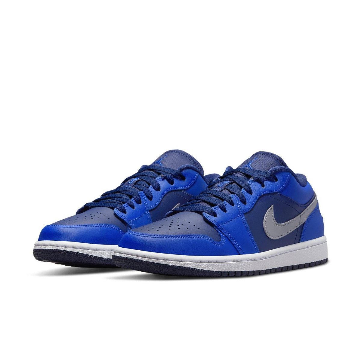 Jordan 1 Low Game Royal Blue Void women’s sneakers with gray Swoosh, vibrant blue design, and classic silhouette.