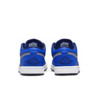 Rear view of women's Jordan 1 Low Game Royal Blue Void sneakers showcasing blue and grey design.