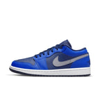 Air Jordan 1 Low Game Royal Blue Void women's sneakers with blue and gray detailing on a white sole.