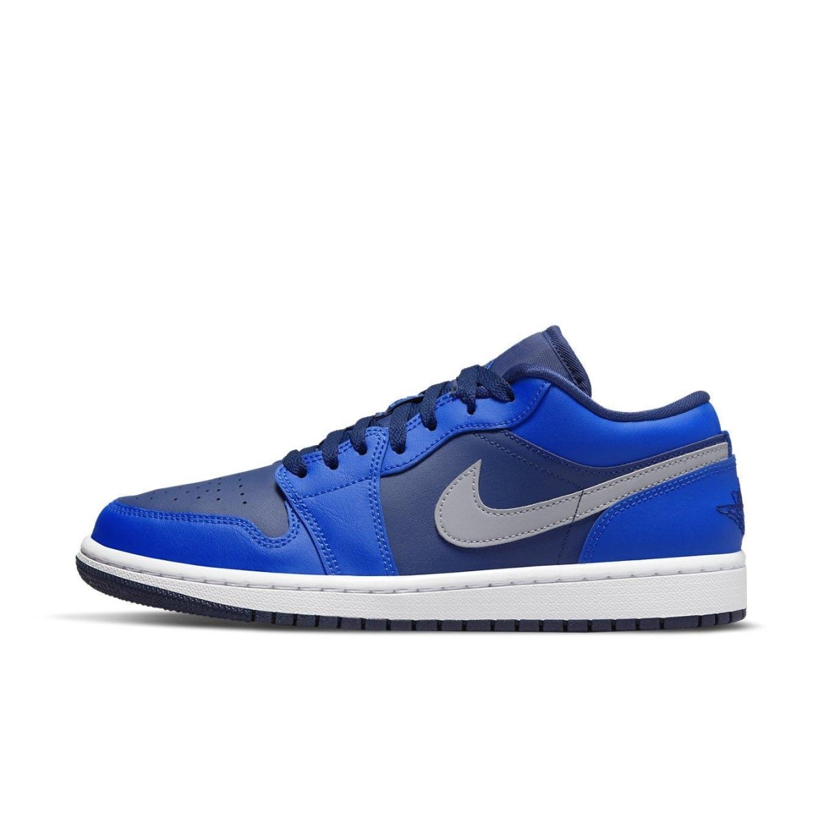 Air Jordan 1 Low Game Royal Blue Void women's sneakers with blue and gray detailing on a white sole.