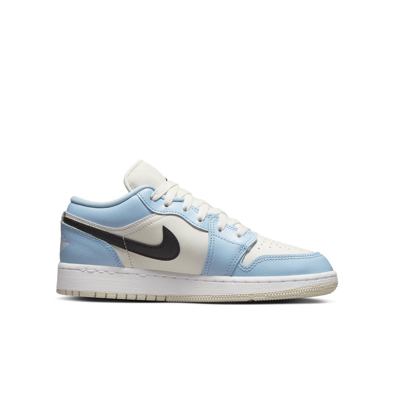 Air Jordan 1 Low Ice Blue Black GS sneaker featuring light blue and black design.