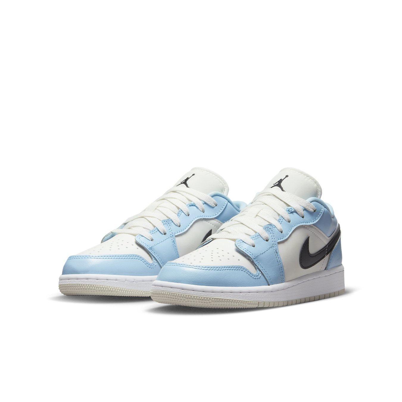 Jordan 1 Low Ice Blue Black (GS) sneakers for kids, featuring a light blue and black design.