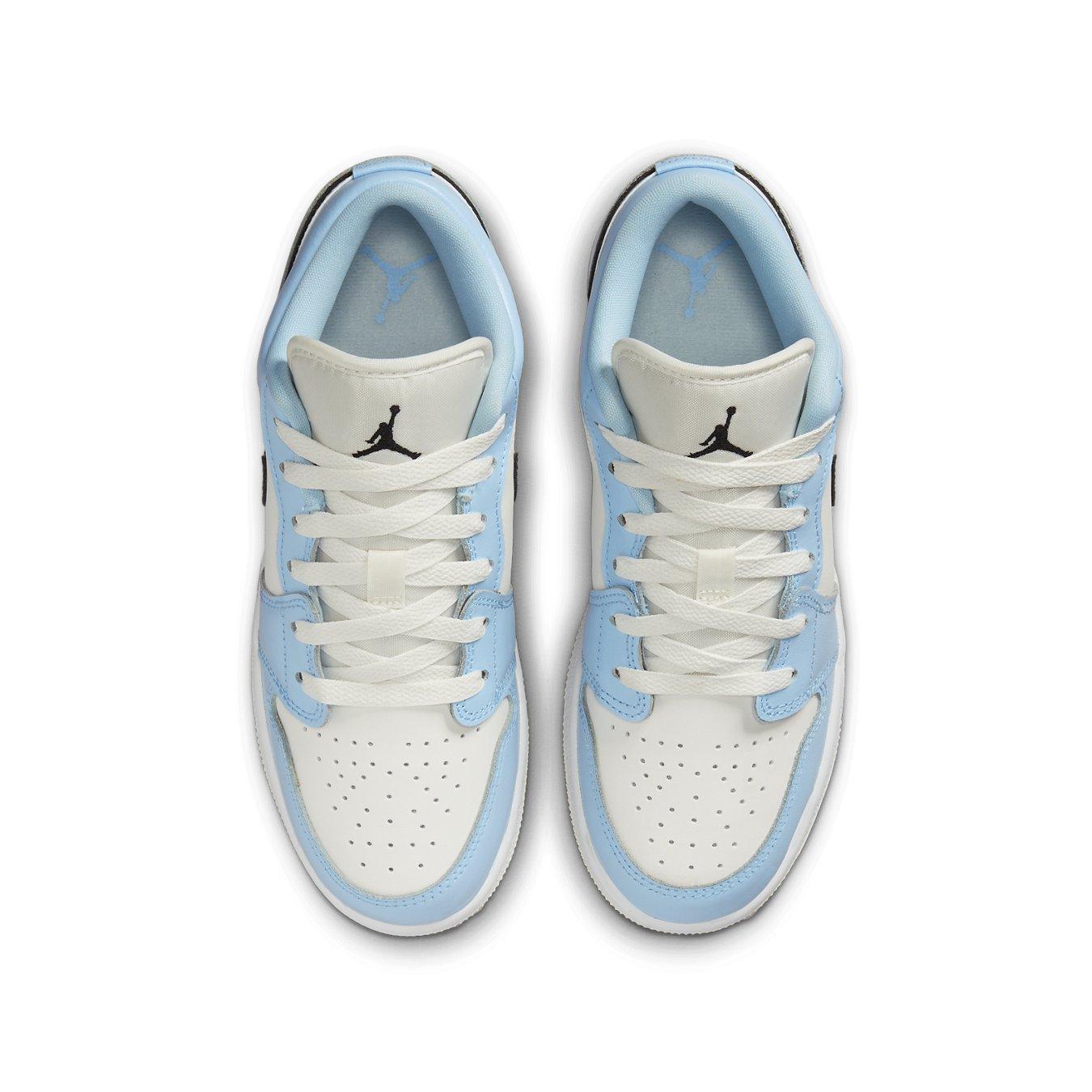 Air Jordan 1 Low Ice Blue Black GS sneaker top view showcasing light blue and white design.