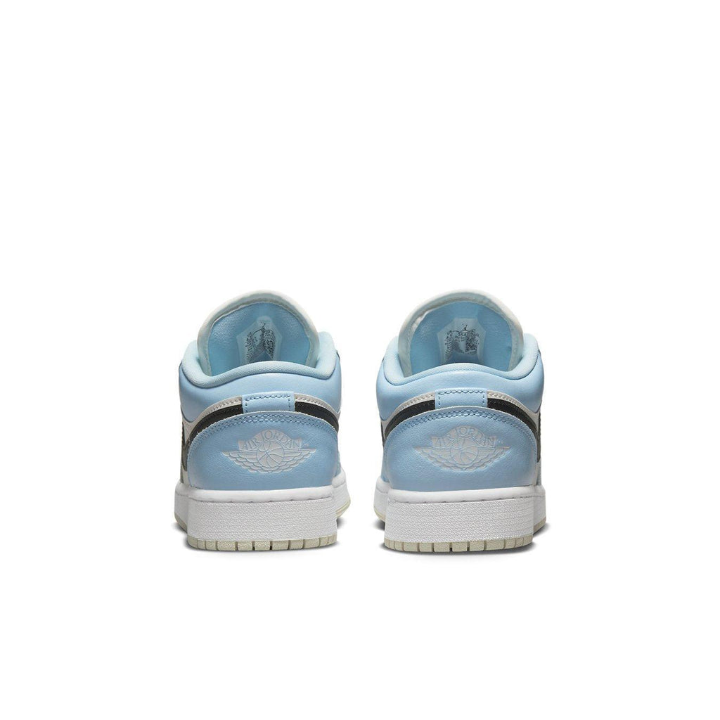 Rear view of Air Jordan 1 Low Ice Blue Black GS sneakers showcasing their unique design and color.
