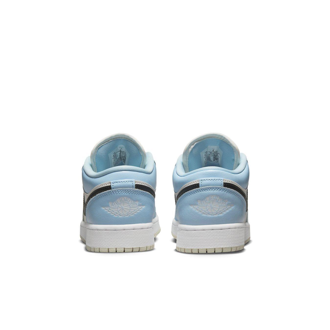 Rear view of Air Jordan 1 Low Ice Blue Black GS sneakers showcasing their unique design and color.