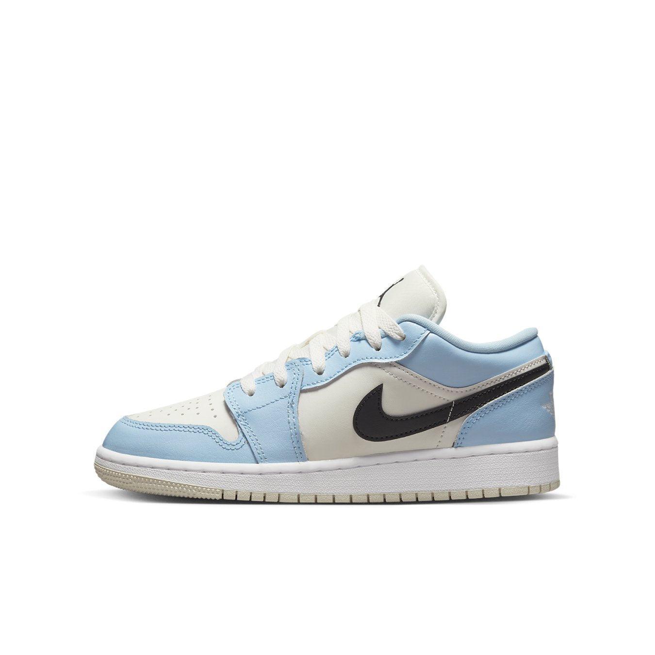 Air Jordan 1 Low Ice Blue Black GS sneaker side view with light blue and black color scheme.