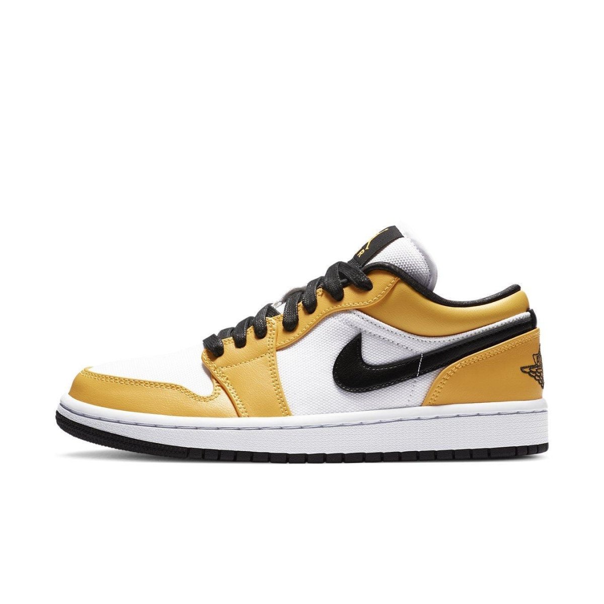 Nike Air Jordan 1 Low Laser Orange women's sneaker with white and yellow upper and black accents.