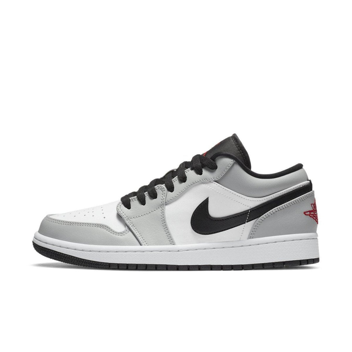 Nike Air Jordan 1 Low Light Smoke Grey sneaker profile view with black and grey design.