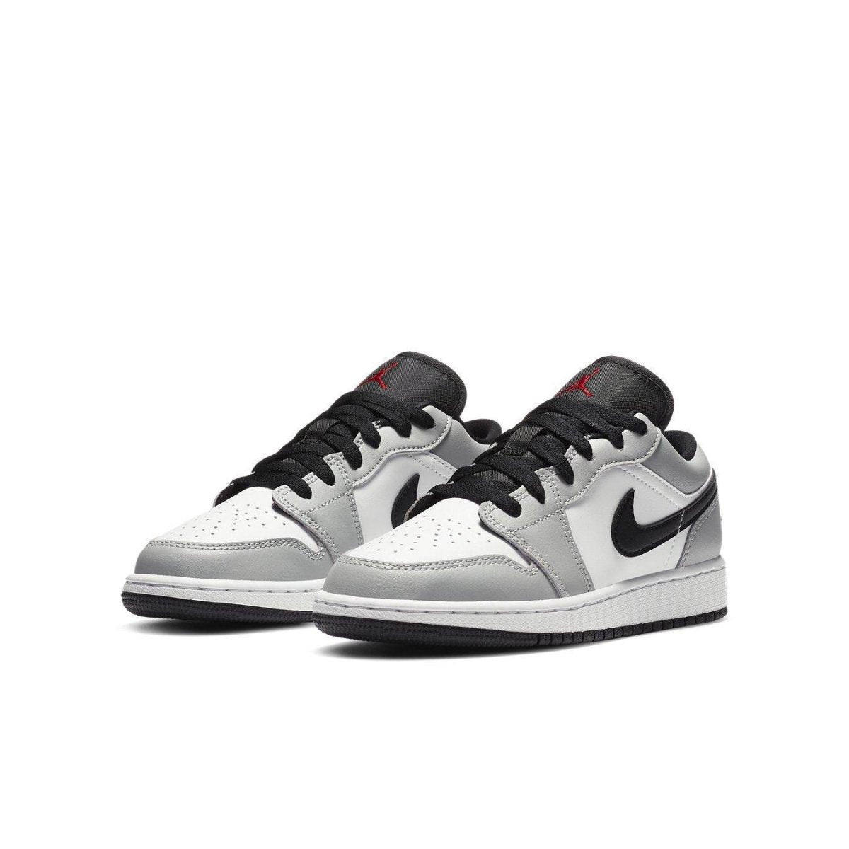Air Jordan 1 Low GS Light Smoke Grey sneakers featuring gray and white colorway with premium materials.