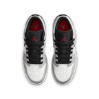 Top view of Jordan 1 Low Light Smoke Grey (GS) sneakers featuring grey, black, and red accents.