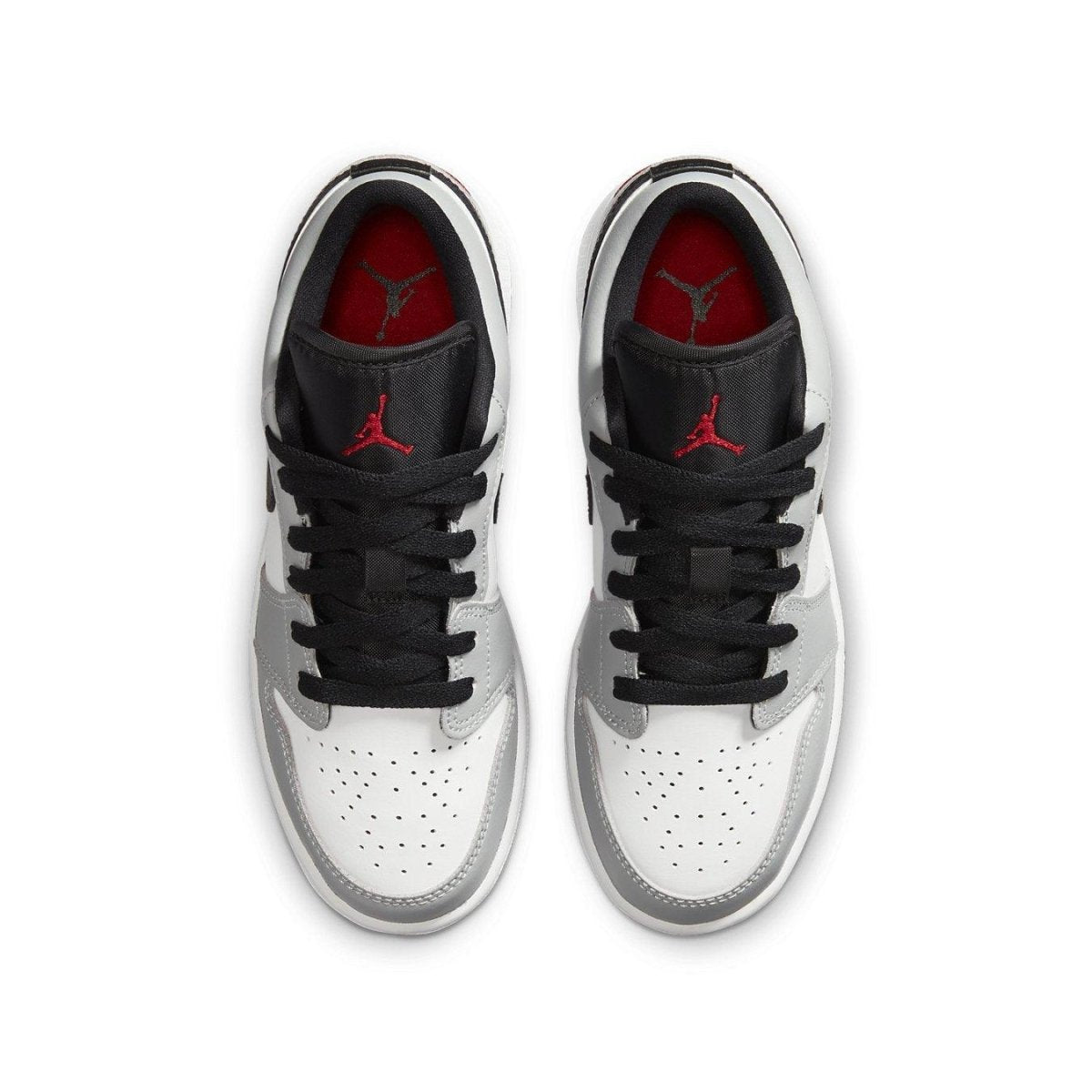 Top view of Jordan 1 Low Light Smoke Grey (GS) sneakers featuring grey, black, and red accents.