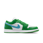 Air Jordan 1 Low Lucky Green Aquatone women's sneaker featuring white leather base and green accents.