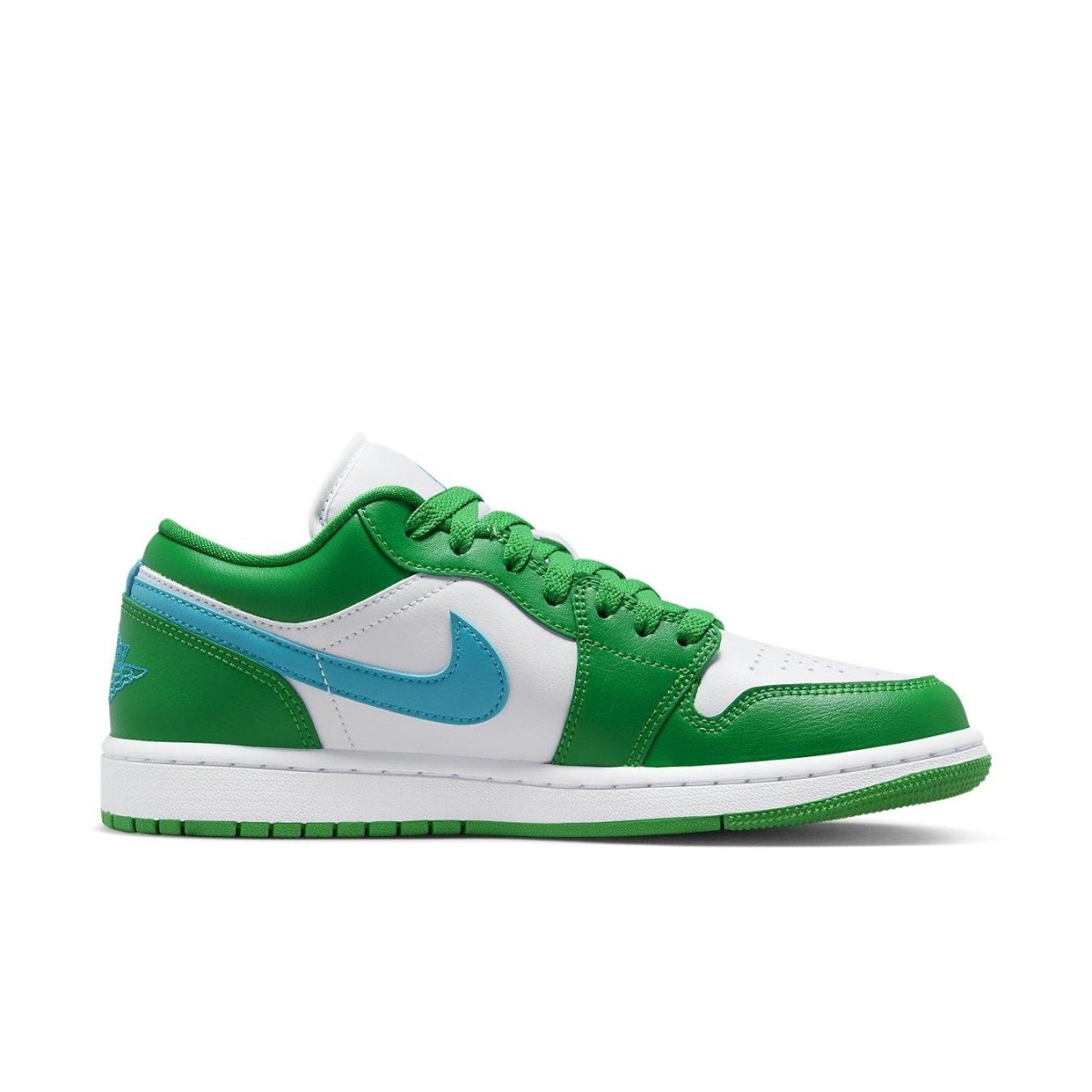 Air Jordan 1 Low Lucky Green Aquatone women's sneaker featuring white leather base and green accents.