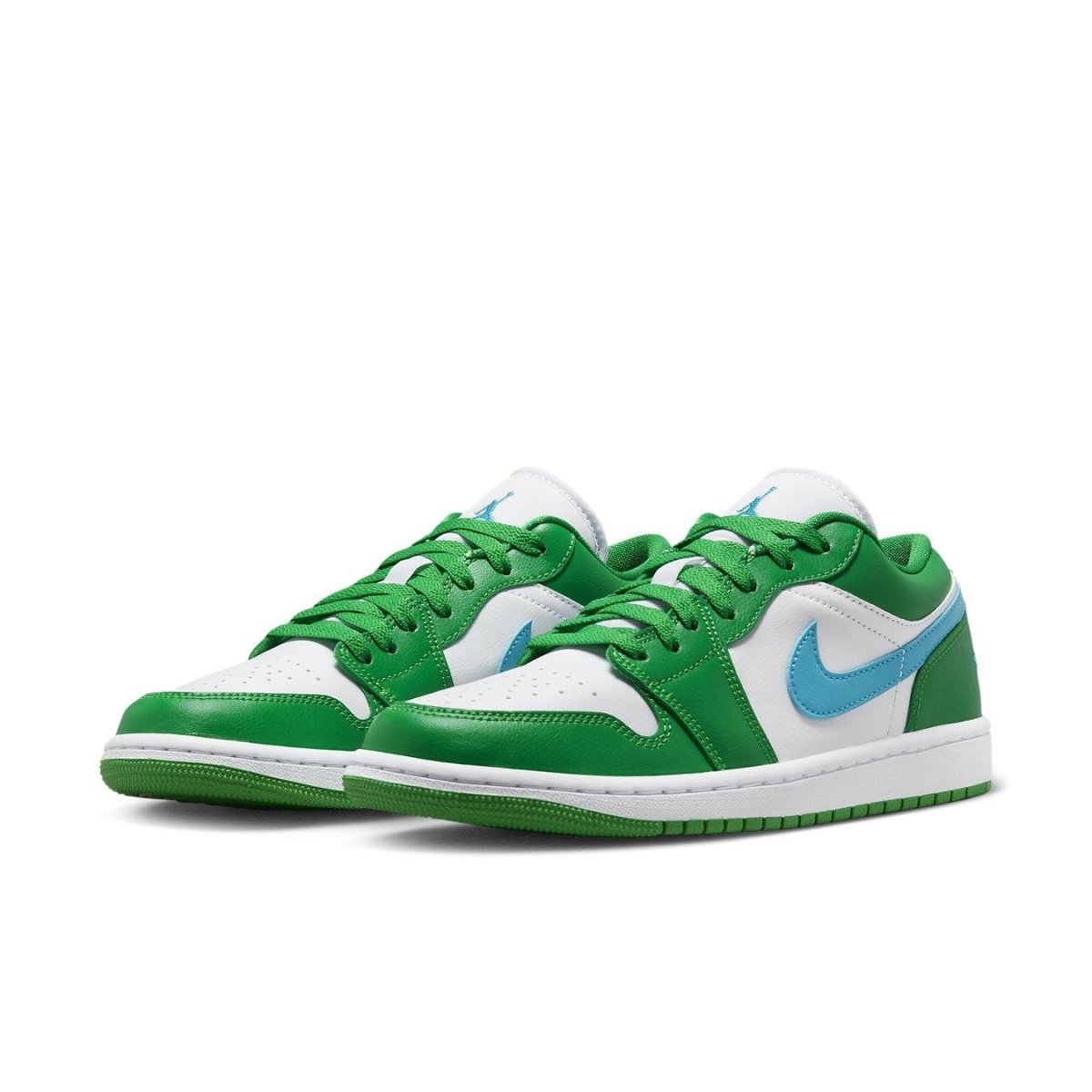Jordan 1 Low Lucky Green Aquatone women's sneakers in white, green, and blue with classic design and vibrant colors.