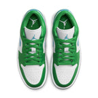 Air Jordan 1 Low Lucky Green Aquatone women's sneaker, featuring white leather base and vibrant green accents.