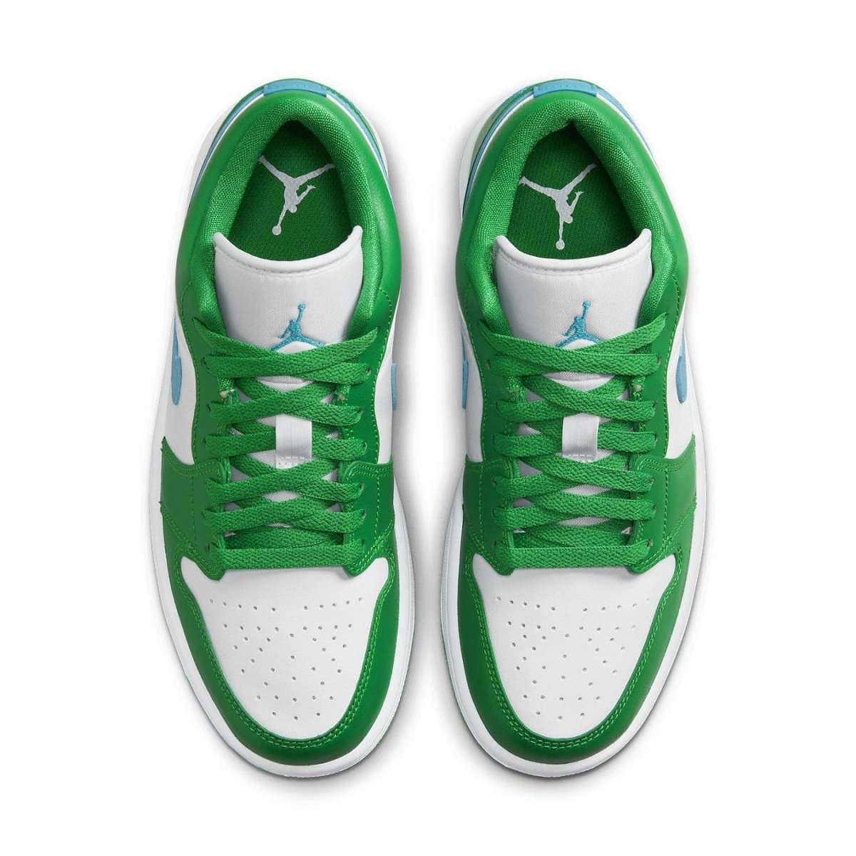 Air Jordan 1 Low Lucky Green Aquatone women's sneaker, featuring white leather base and vibrant green accents.