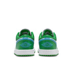 Back view of women's Jordan 1 Low Lucky Green sneakers featuring blue Aquatone detailing and embroidered Wings logo.