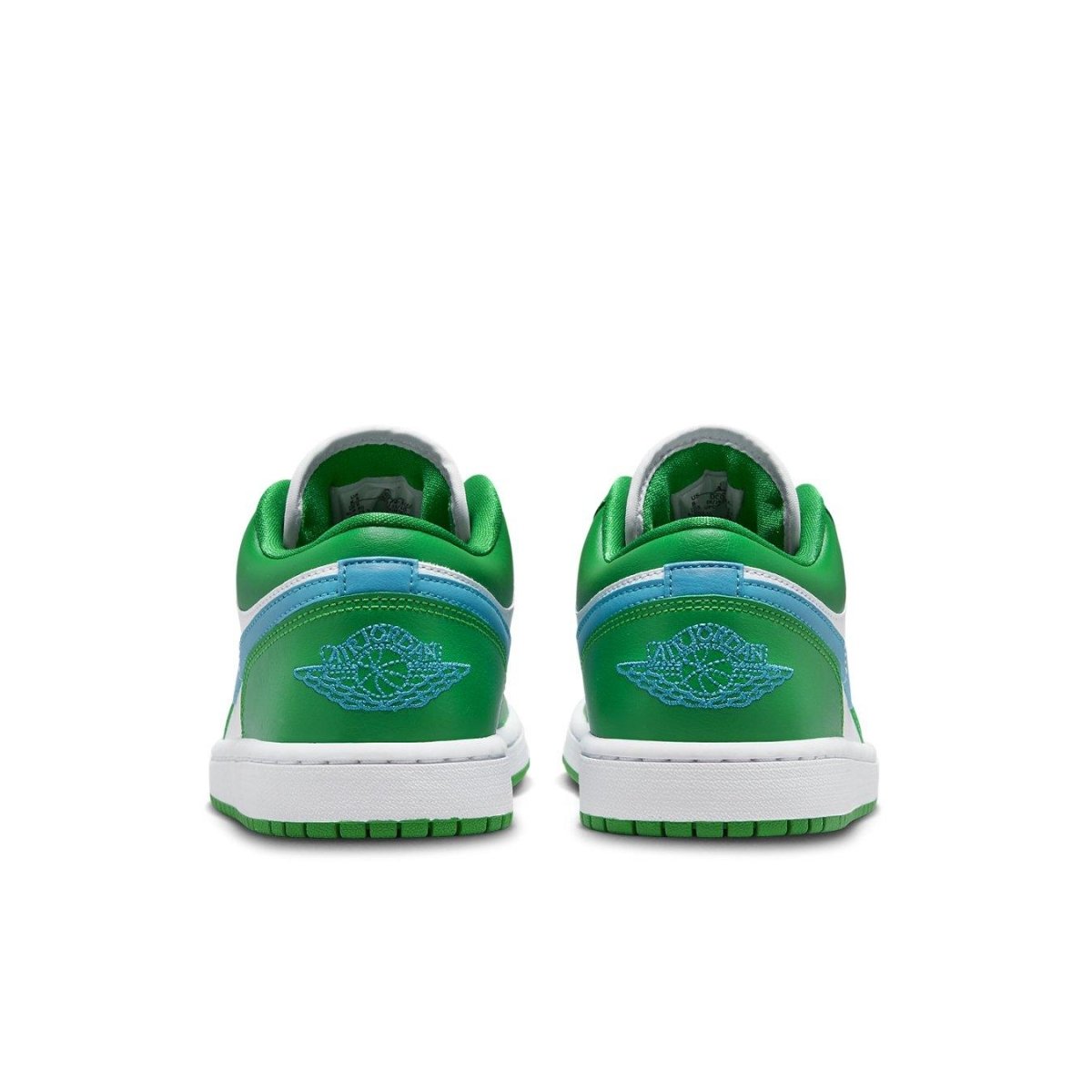 Back view of women's Jordan 1 Low Lucky Green sneakers featuring blue Aquatone detailing and embroidered Wings logo.
