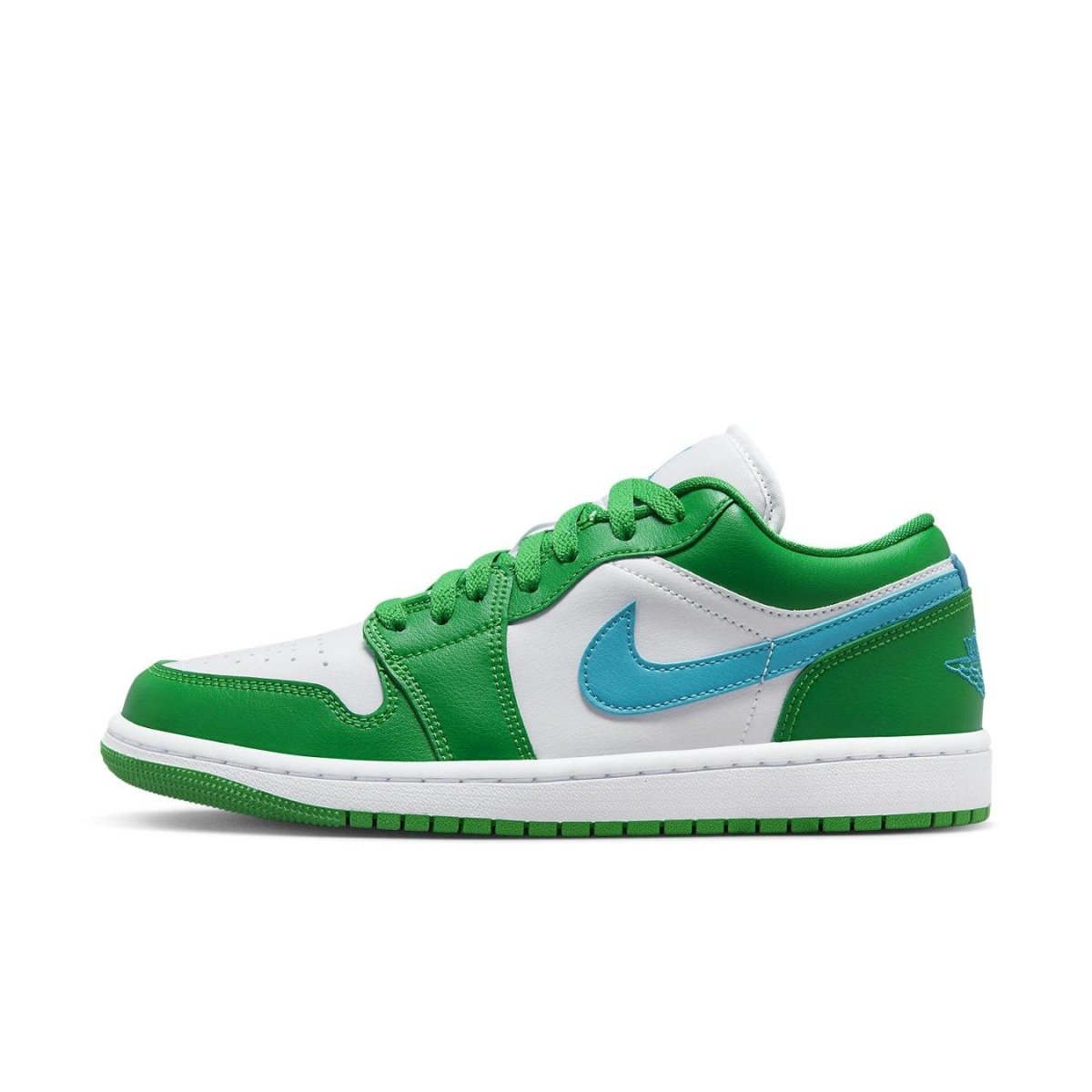 Nike Air Jordan 1 Low Lucky Green Aquatone women's sneakers featuring white leather base and vibrant green accents.