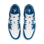 Air Jordan 1 Low Marina Blue women's sneakers with white and blue colorway, featuring iconic Jumpman logo.