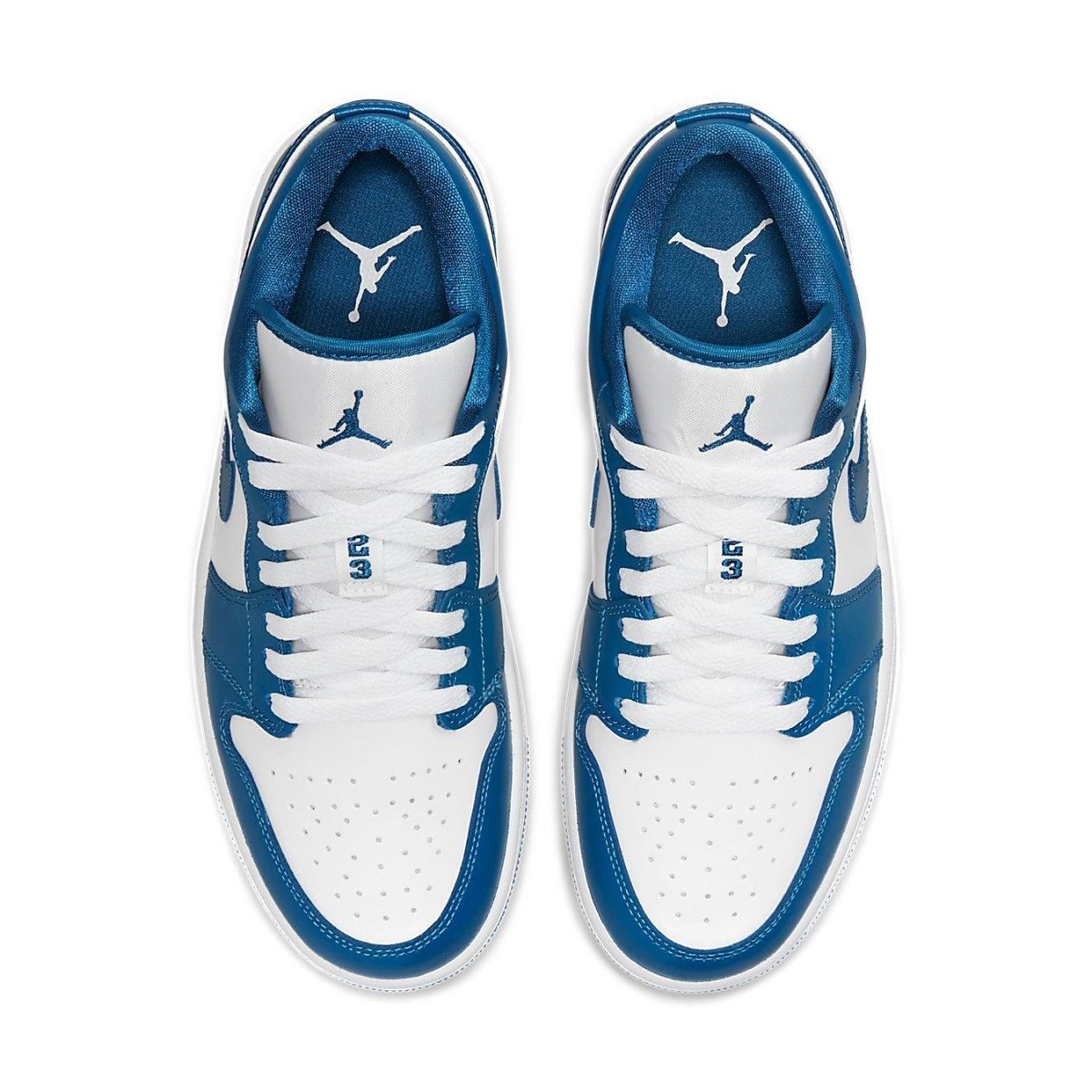 Air Jordan 1 Low Marina Blue women's sneakers with white and blue colorway, featuring iconic Jumpman logo.