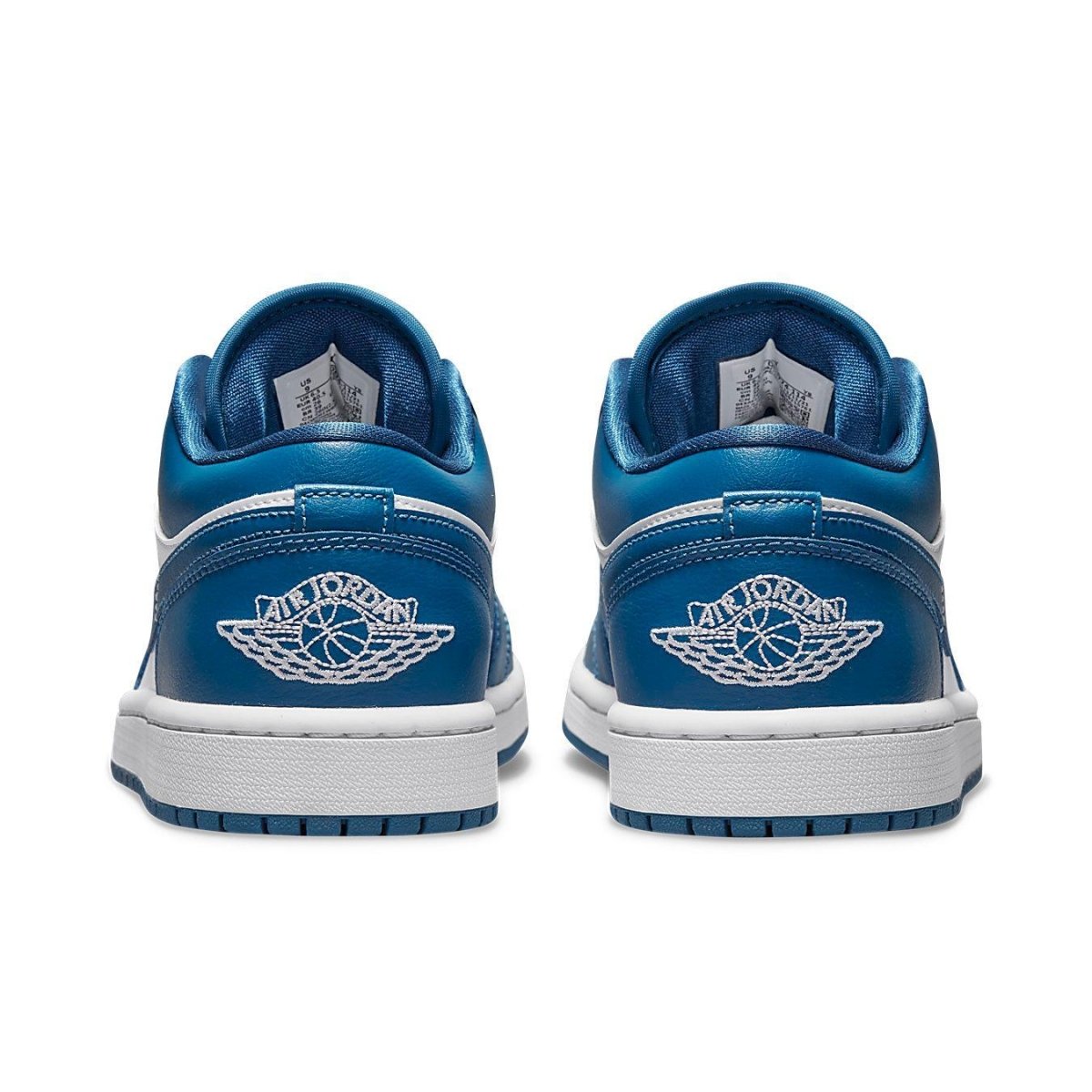 Rear view of Air Jordan 1 Low Marina Blue Women's sneakers showcasing blue and white design features.