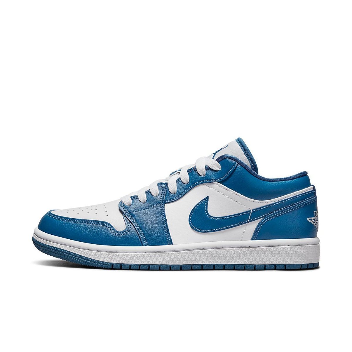Air Jordan 1 Low Marina Blue sneakers featuring a classic white and blue two-tone design.