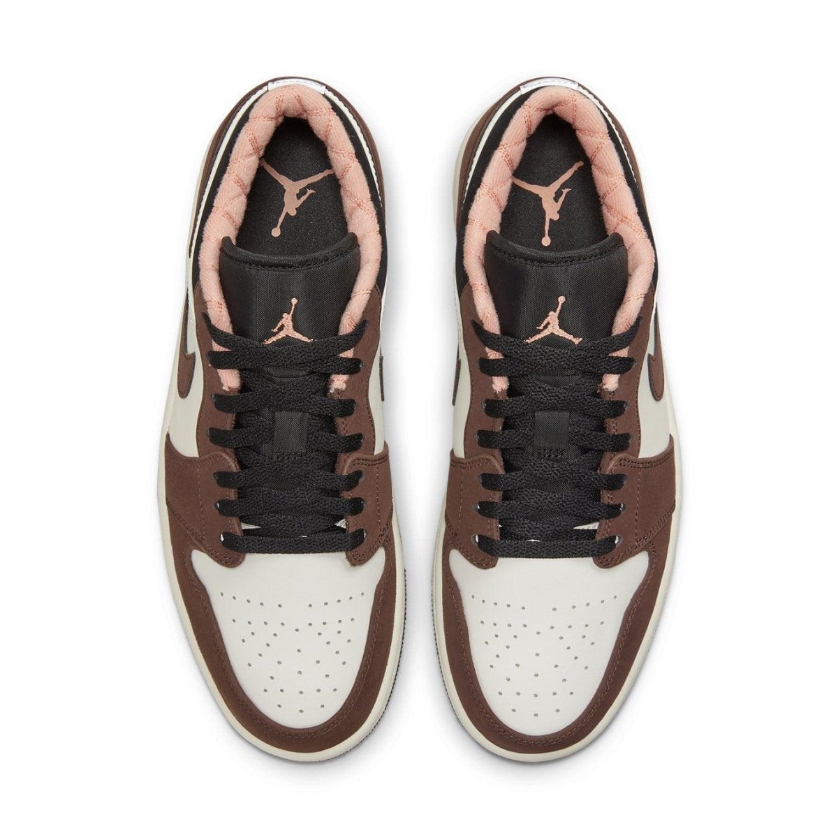 Air Jordan 1 Low Mocha shoes featuring a white base, brown suede overlays, and pink accents on the tongue and collar.