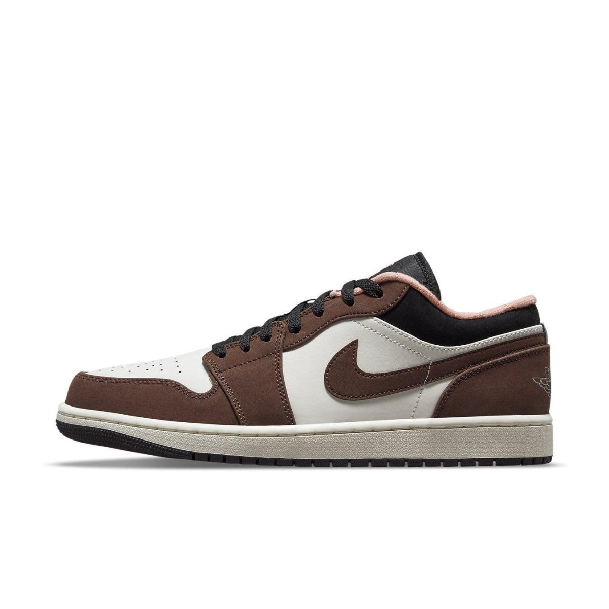 Jordan 1 Low Mocha sneakers featuring white leather, brown suede, and black nylon accents.