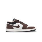 Jordan 1 Low Mocha (GS) sneakers featuring white leather and brown suede accents.