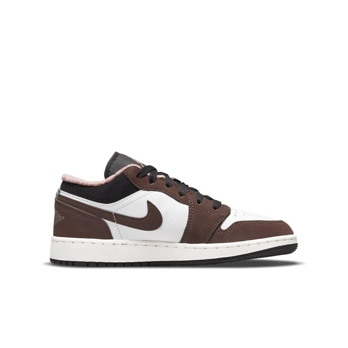 Jordan 1 Low Mocha (GS) sneakers featuring white leather and brown suede accents.