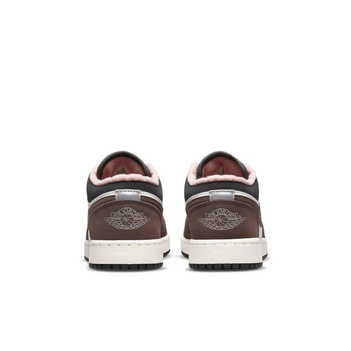 Air Jordan 1 Low Mocha (GS) rear view showcasing brown and black design with Wings logo.