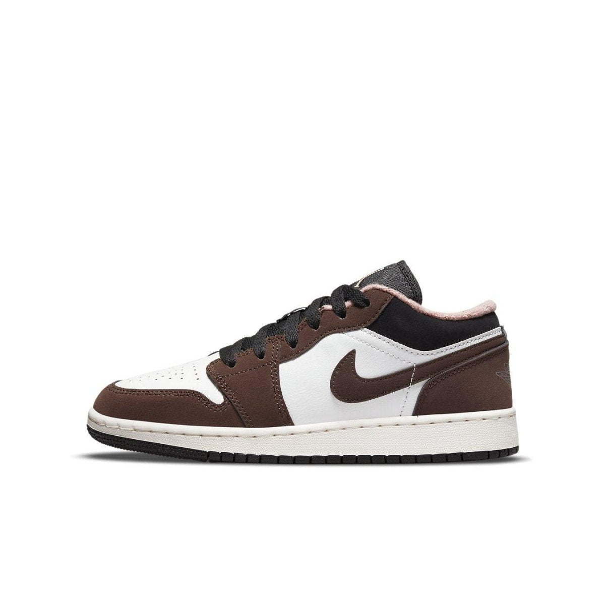 Air Jordan 1 Low Mocha GS sneakers featuring white leather and brown suede accents.