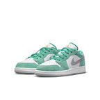 Air Jordan 1 Low New Emerald GS in white and green with Light Steel Grey Swoosh and vibrant details.