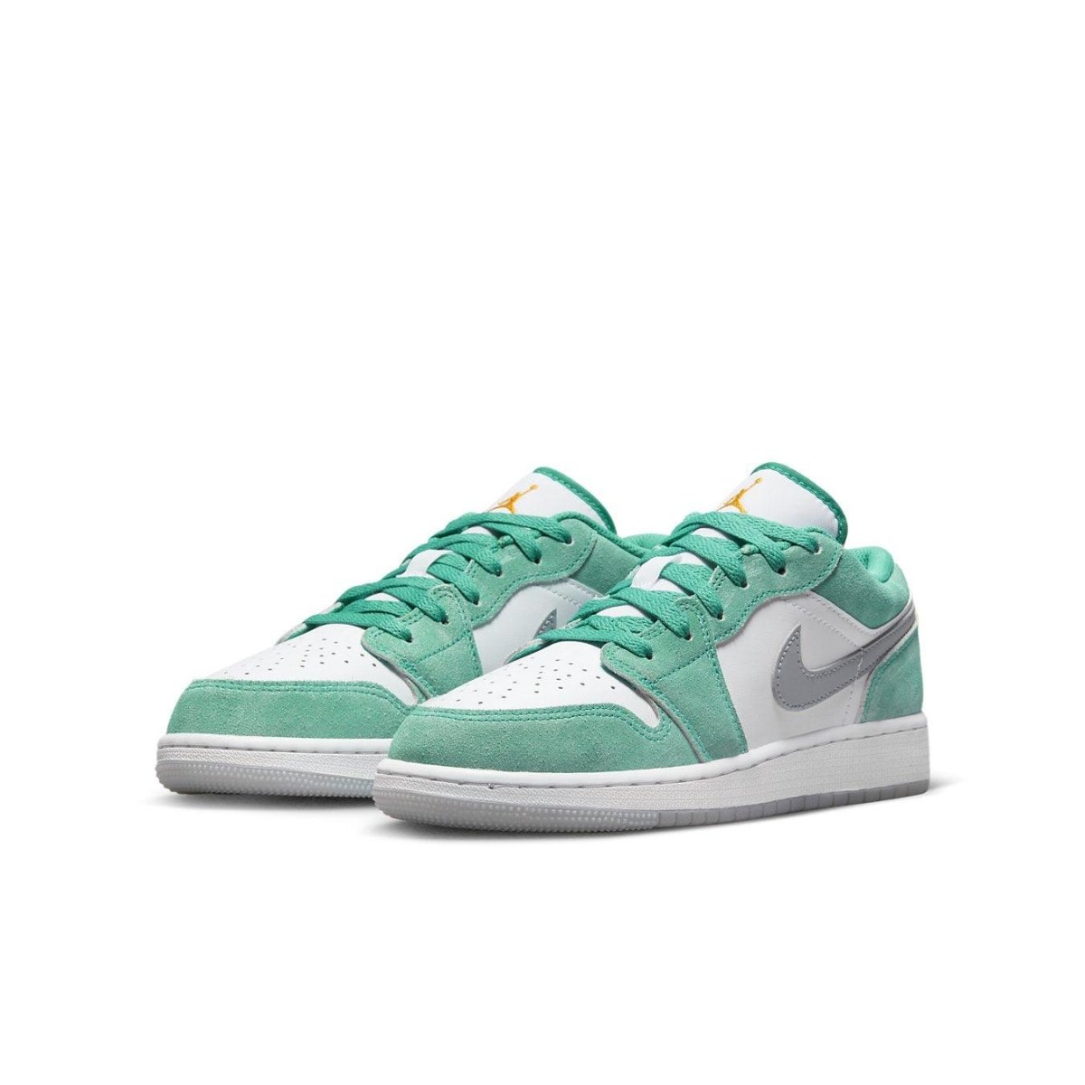 Air Jordan 1 Low New Emerald GS in white and green with Light Steel Grey Swoosh and vibrant details.