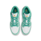 Top view of Air Jordan 1 Low SE GS New Emerald sneakers featuring white leather and teal accents.