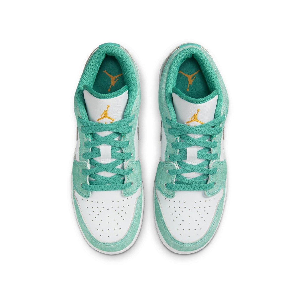 Top view of Air Jordan 1 Low SE GS New Emerald sneakers featuring white leather and teal accents.