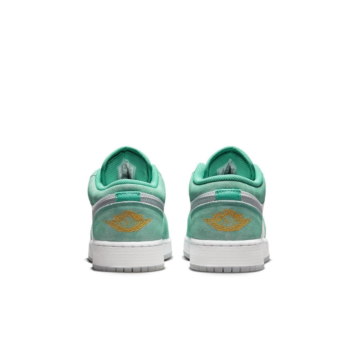 Air Jordan 1 Low New Emerald GS shoe rear view, featuring smooth leather, emerald green accents, and iconic logo.