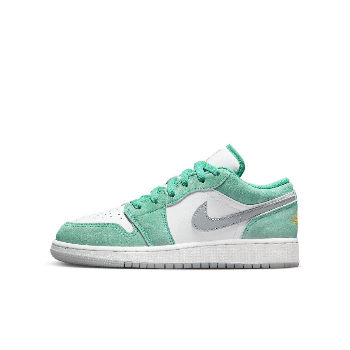 Nike Air Jordan 1 Low SE GS 'New Emerald' with white and green colorway, featuring grey Swoosh and suede details.