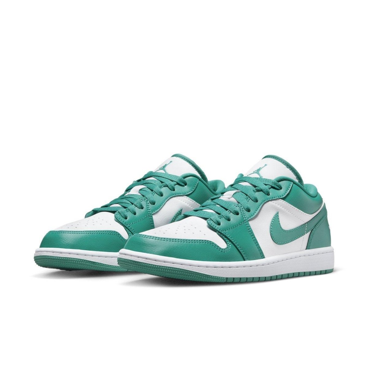 Nike Air Jordan 1 Low Wmns New Emerald sneaker in white and emerald green suede and leather.