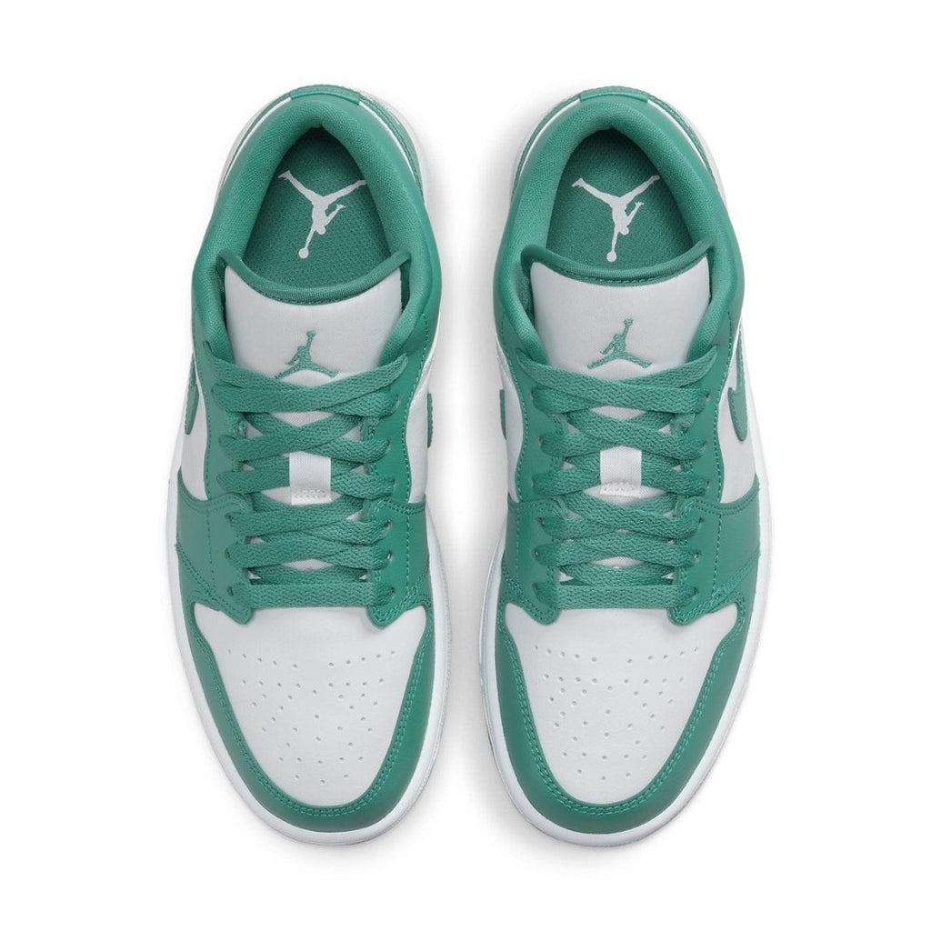 Air Jordan 1 Low Wmns New Emerald top view, featuring white leather and emerald suede accents.