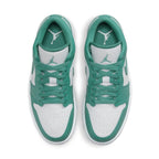 Air Jordan 1 Low Wmns New Emerald top view, featuring white leather and emerald suede accents.